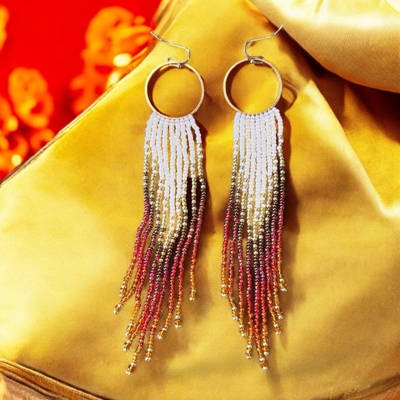 Sunset Ombré Beaded Fringe Earrings: Seed Bead Boho Earrings Chandelier Earrings - Picture 3 of 16